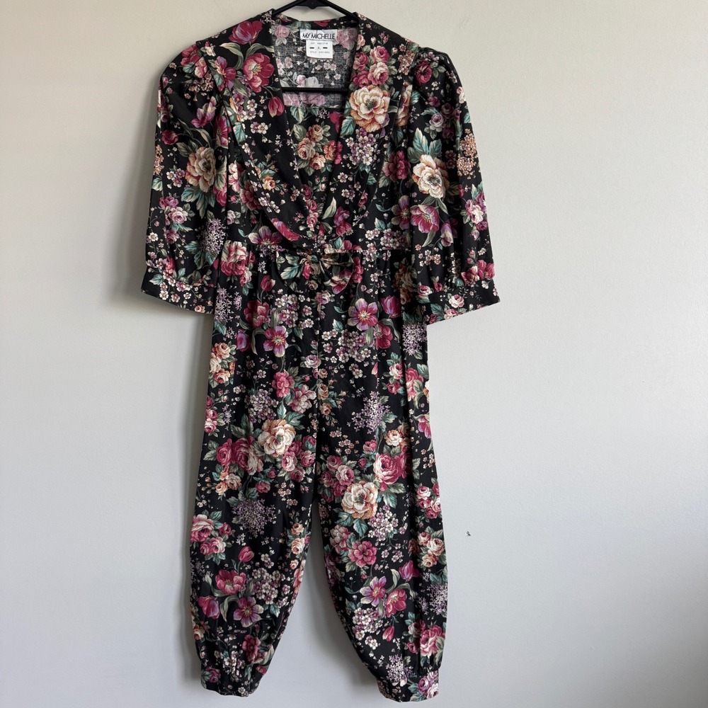 My Michelle Vintage Girls Black Floral Jumpsuit Sailor Collar Bow Size 8 USA